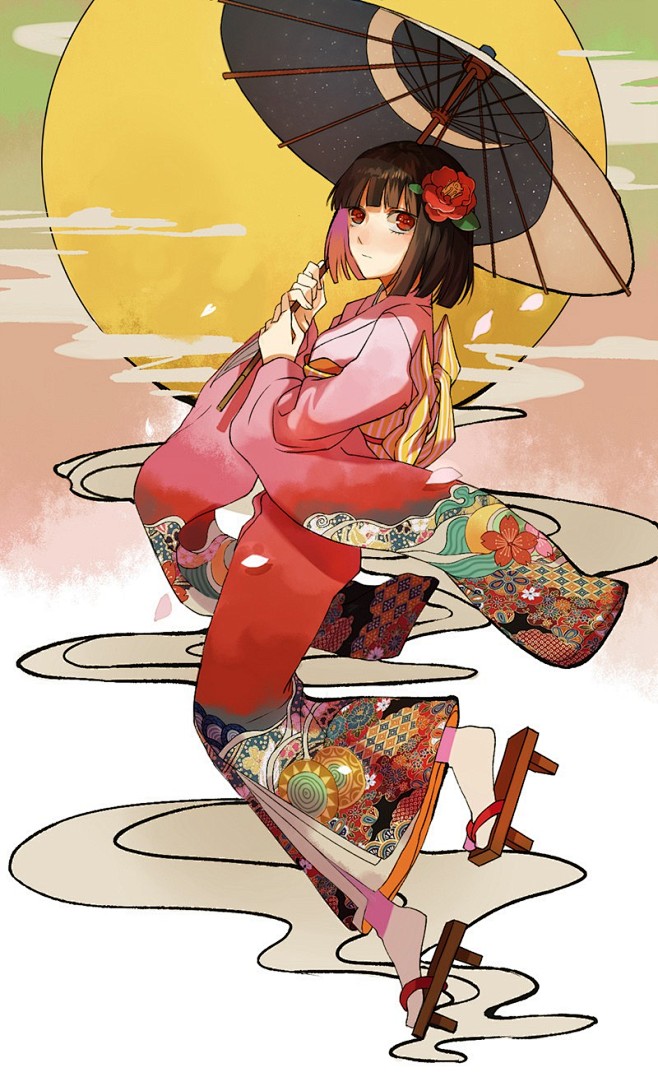 和风少女与伞的少女插画图片