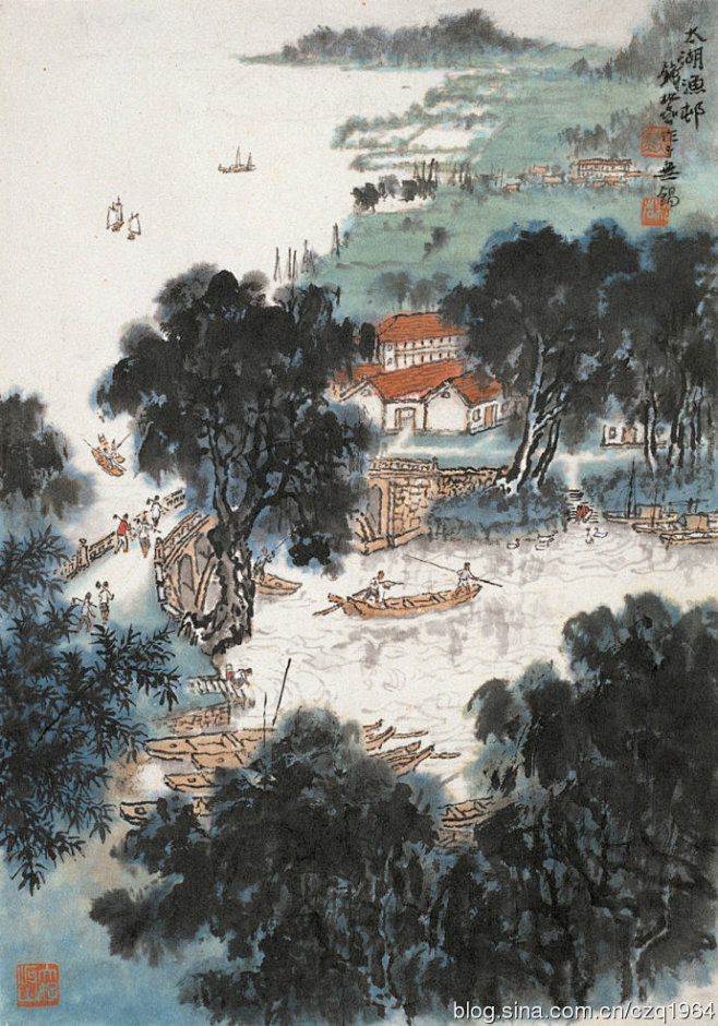 国画大师钱松喦江南水乡画作欣赏太湖渔村