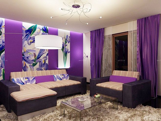 绚丽四房一厅紫色窗帘装修效果图沙发客厅